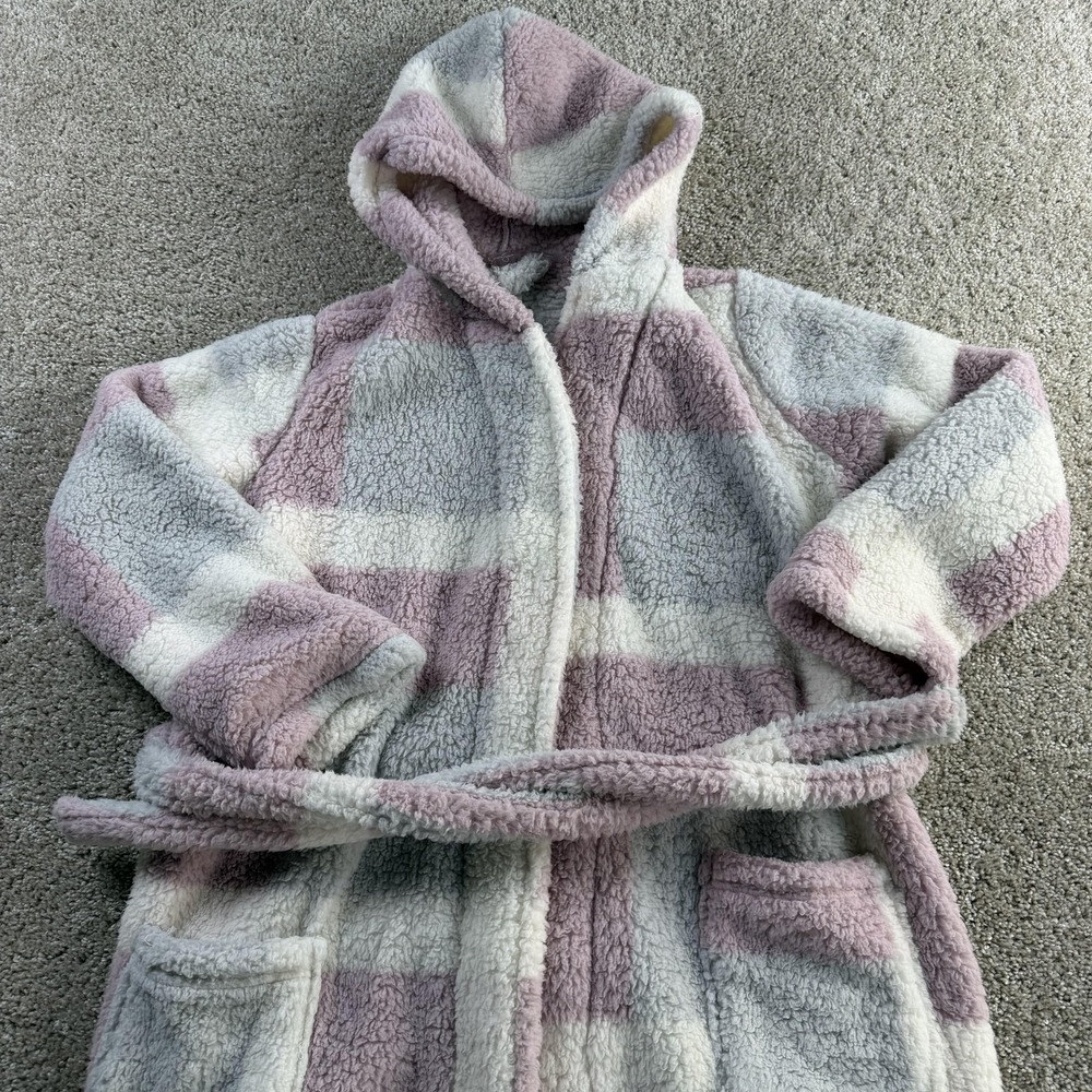 Jessica Simpson Robe Womens PS/PM Lilac Plaid Fleece Hooded Kimono Sleepwear
